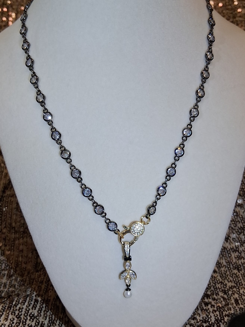Black Rhodium Necklace w/ Sparkling CZ's and Pearl Pendant